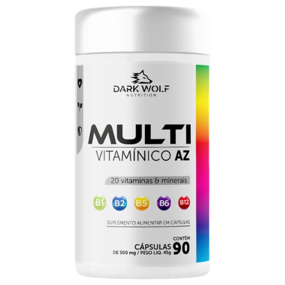 Frasco de Multivitamínico A-Z Dark Wolf Nutrition com 90 cápsulas, vista frontal
