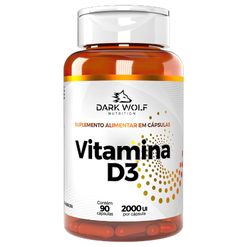 Frasco de Vitamina D3 2000 UI Dark Wolf Nutrition com 90 cápsulas, vista frontal