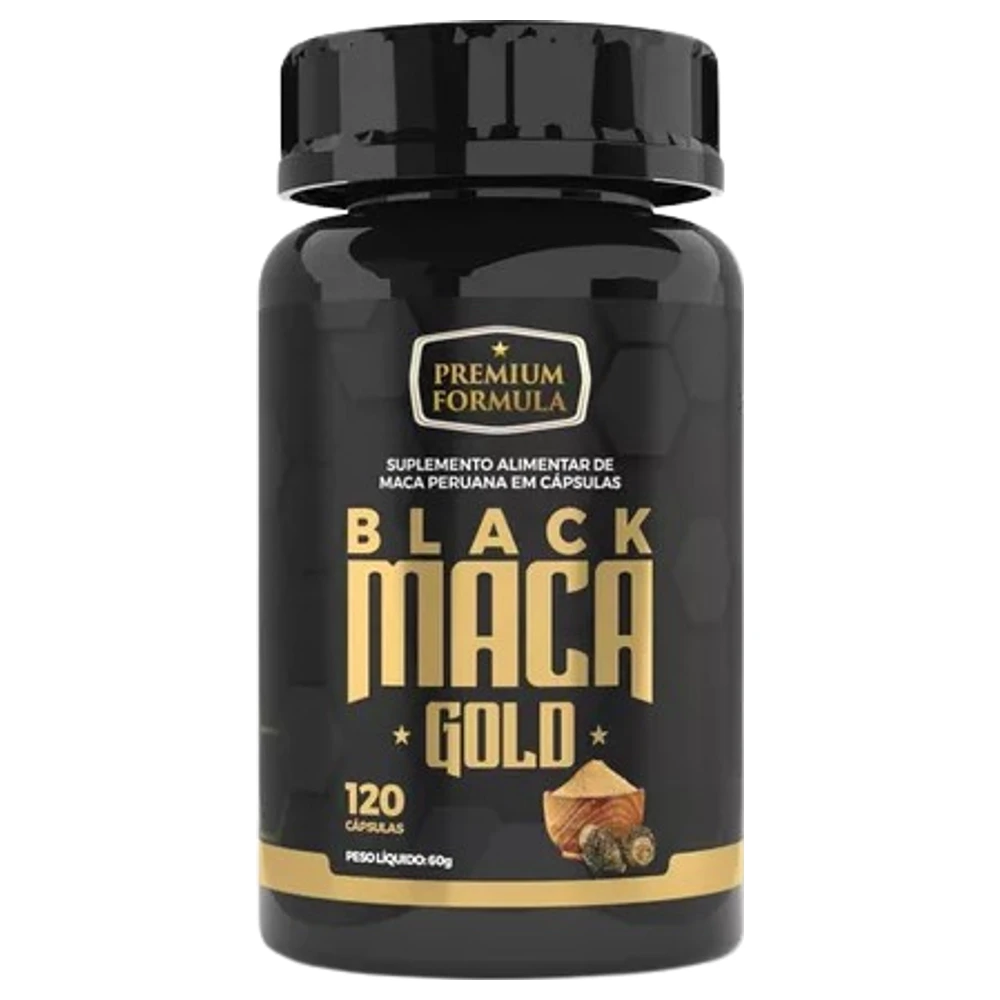 Frasco de Black Maca Gold Premium Formula com 120 cápsulas, vista frontal