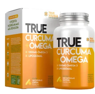True Cúrcuma + Ômega True Source: caixa e frasco, 120 softgels, 1300 mg ômega 3 lipossomal, peso líquido 180 g